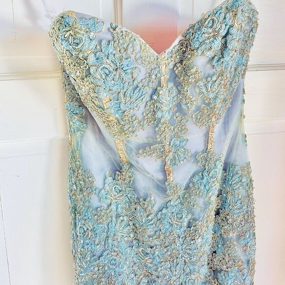 Jovani Baby Light Blue Gold Corset Slit Strapless Gown - Picture 3 of 12